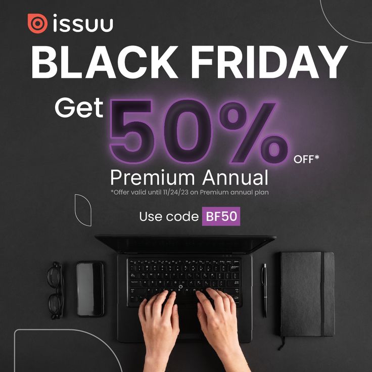 a person typing on a laptop with the text black friday get 50 % off premium annual use code bb50