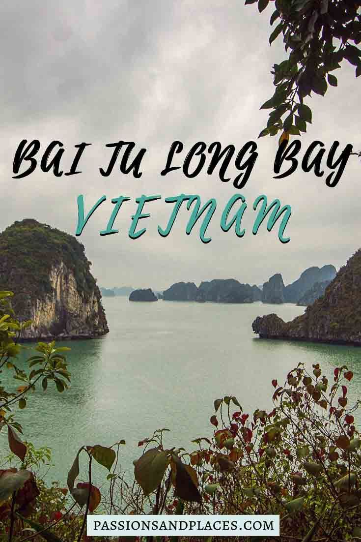 an image of the ocean and mountains with text that reads, bau tu long bay vietnam