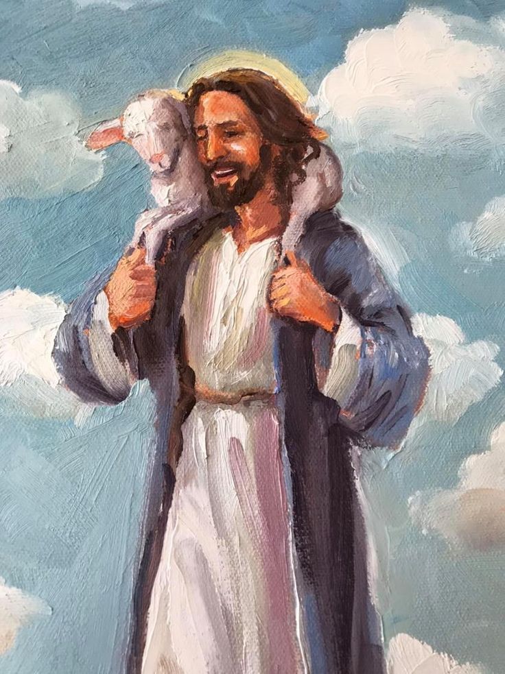 a painting of jesus holding a lamb in his arms and smiling at the camera with clouds behind him