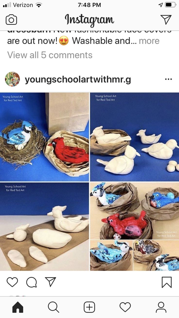 several pictures of birds and nests made out of paper mache, with the caption instagram