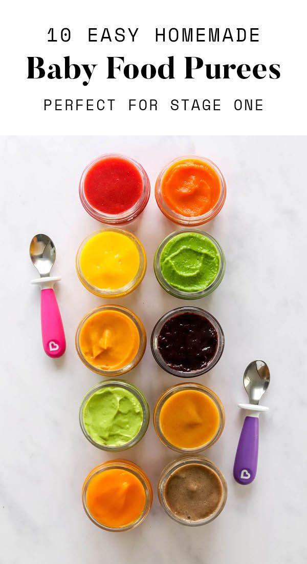baby food purees in small glass containers with spoons next to them and the title overlay reads, 10 easy homemade baby food purees perfect for stage one
