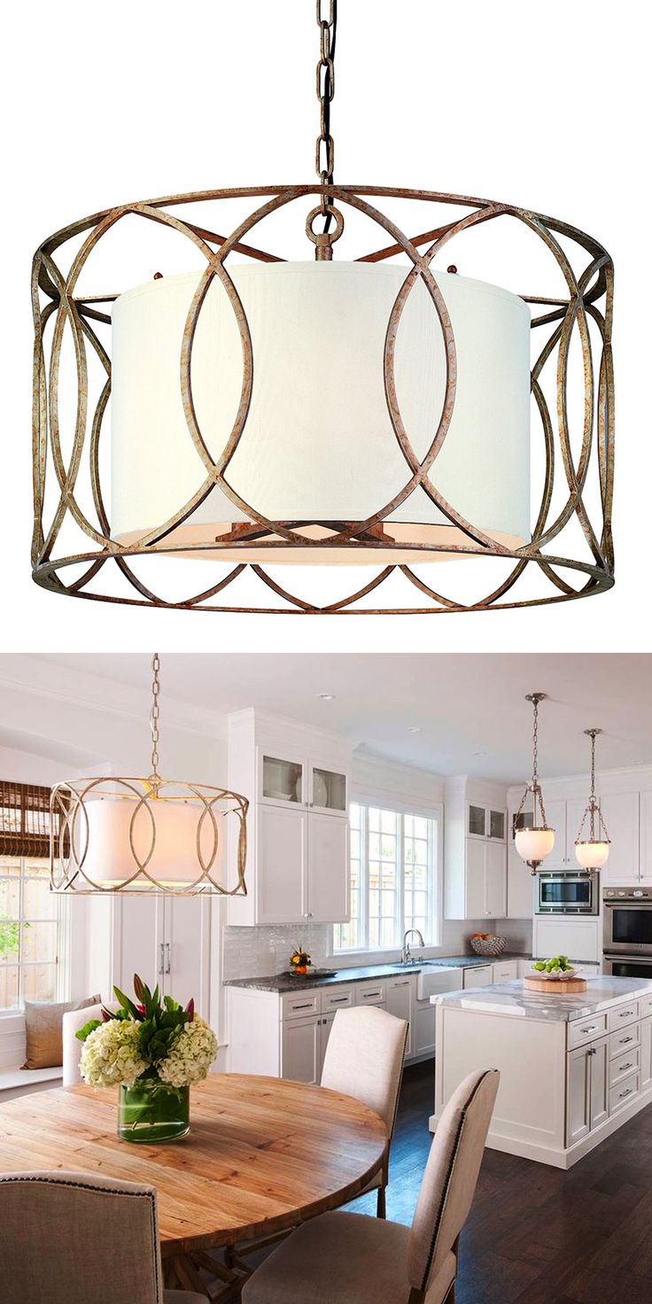 two pictures of a kitchen and dining room with the same light fixture in different positions