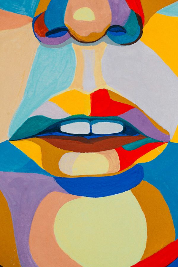 an abstract painting of a woman's face with red, white and blue lipstick