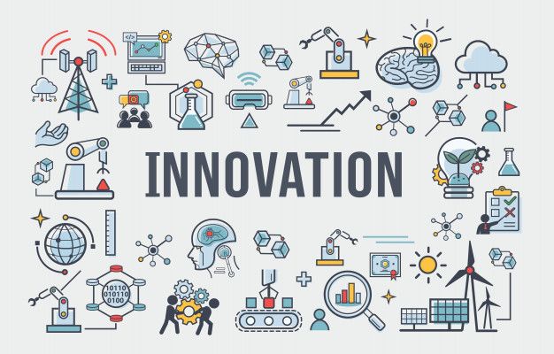 the word innovation surrounded by various icons