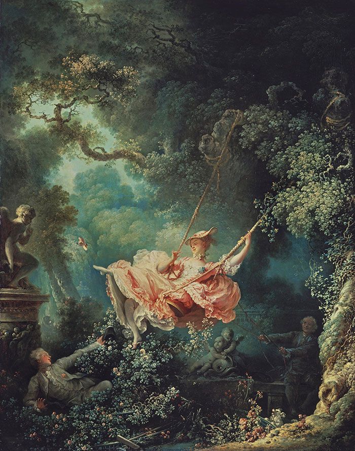 a painting of a woman in a pink dress swinging on a swing with other people around her