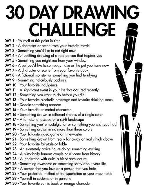 the 30 day drawing challenge is shown in black and white with some writing on it