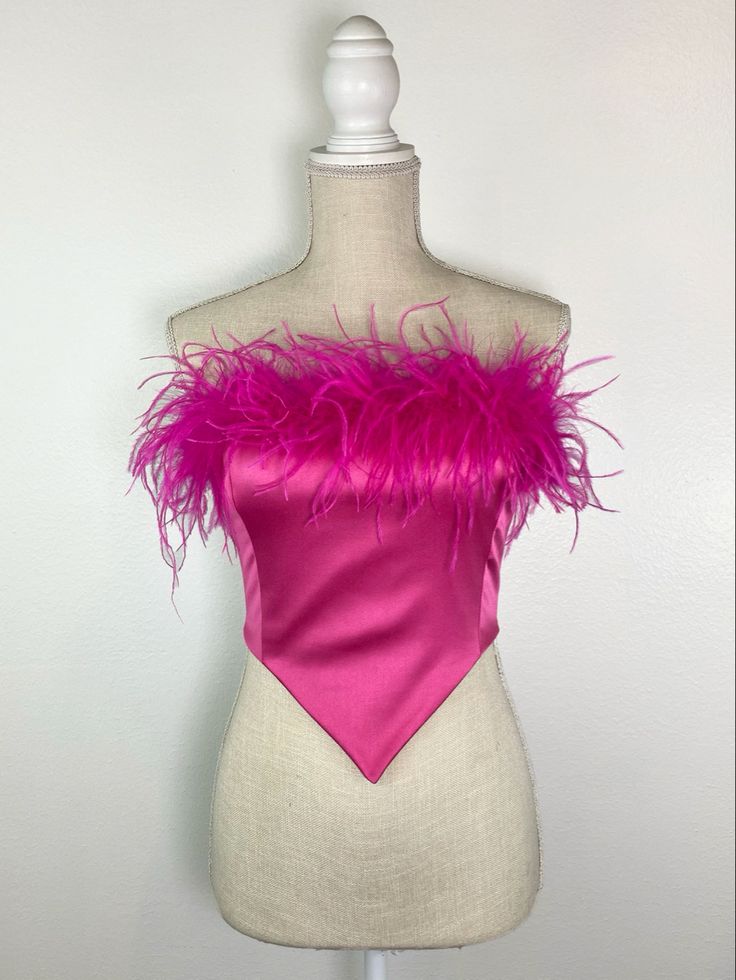 Outfits, Ball Gowns, Tops, Feather Tops, Satin Top, Pink Tops, Cropped Tube Top, Top Outfits, Ostrich Feathers