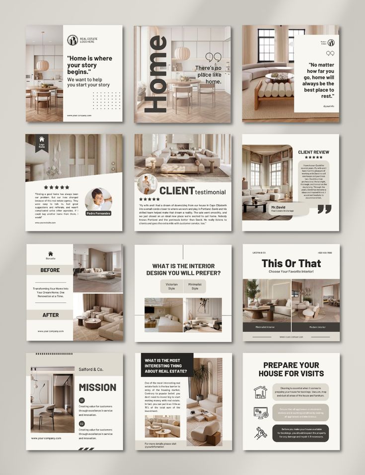 a set of brochures for interior design and decorating with different layouts