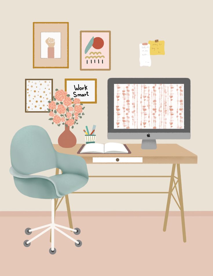 a desk with a computer, chair and pictures on the wall