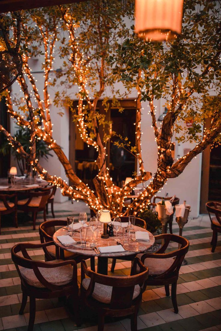an outdoor dining area with tables and chairs, lit up by lights on the trees