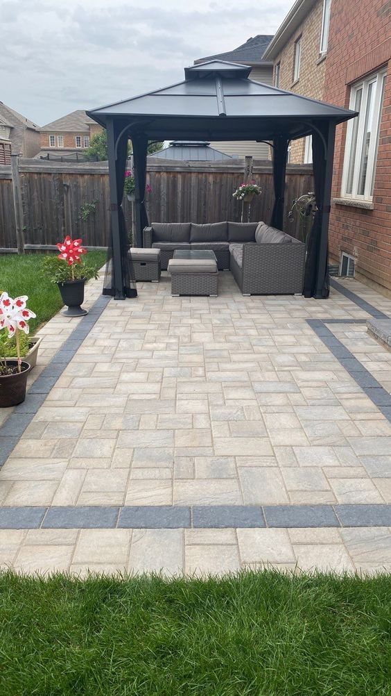 15+ Stunning Paver Patio Ideas for Home in 2023 Landscaping Ideas With Pavers, Gazebo Ideas Small Backyard, Affordable Paver Patio Ideas, Pavers Backyard Ideas, Hardscape Ideas Backyard On A Budget, Interlock Patio Backyard, Backyard Pavers Ideas, Patio Pavers Design Layout, Modern Concrete Patio