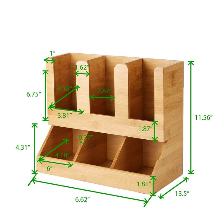 a wooden desk organizer with measurements for the top and bottom compartments, including two dividers