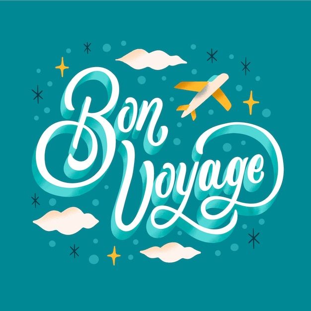 the word bon voyage written in blue and white with an airplane flying above it, surrounded by clouds