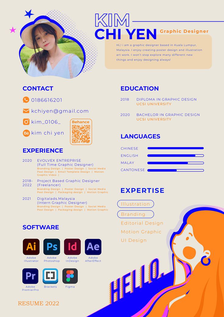 an image of a woman's profile on a resume with blue and orange colors