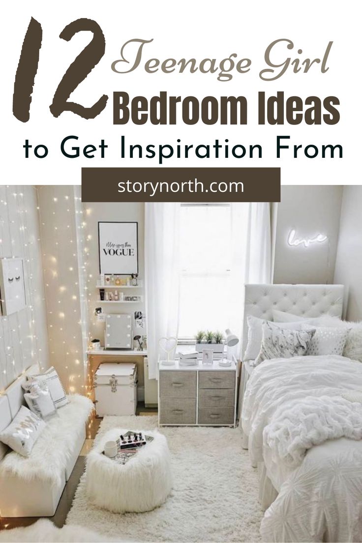 a bedroom with white bedding and lights on the walls, and text overlay reads 12 teenage girl bedroom ideas to get inspiration from