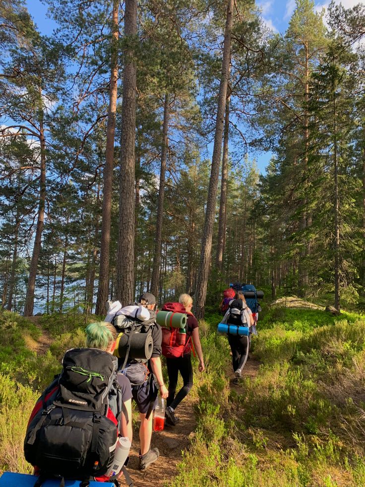 group of people hiking in the woods with backpacks and packs on their back legs