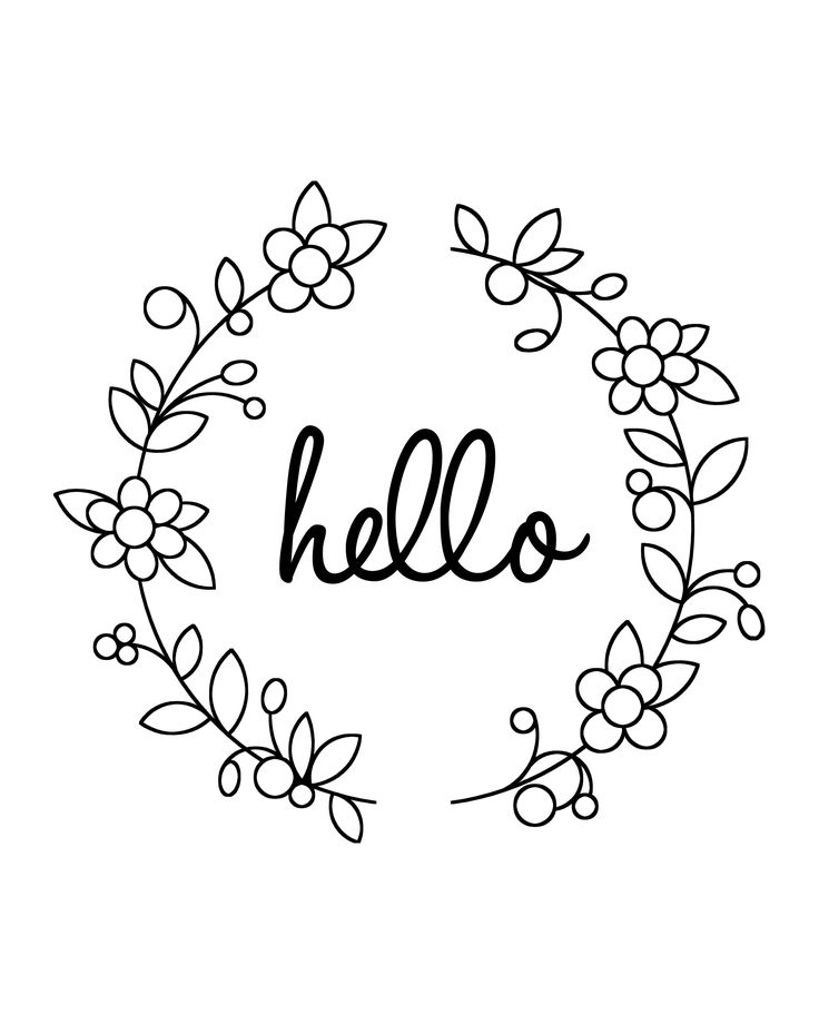 the word hello written in black ink on a white background with leaves and flowers around it