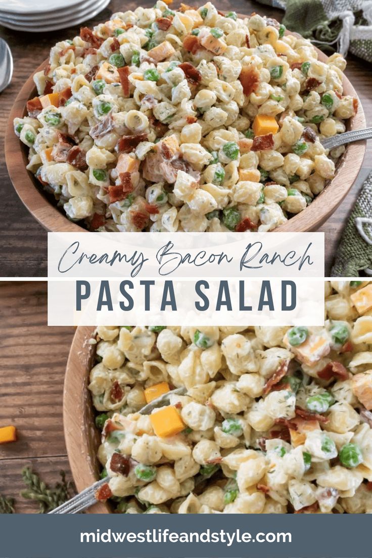 creamy bacon pasta salad with peas and cheese in a wooden bowl on a wood table