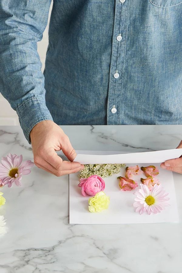 a person cutting flowers on top of a piece of paper in front of some pink and yellow flowers