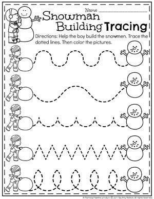 the snowman building tracing worksheet is shown in black and white
