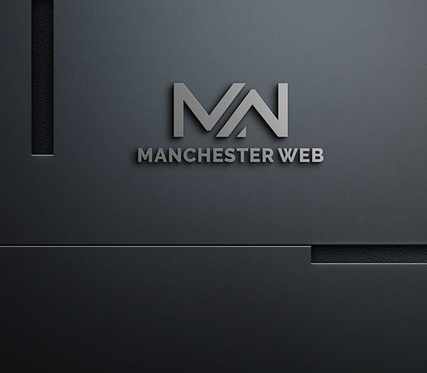 the logo for manchester web is shown on a black background with silver letters and an arrow