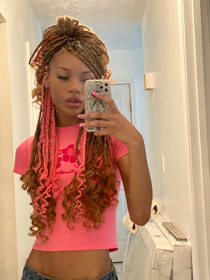 blonde & pink , brown & pink , curly ends , french curl braids Protective Styles, Blonde Box Braids, Black Girl Braids, Black Girl Braid Styles, Brown Box Braids, Black Girls Hairstyles, Blonde Pink, Black Girl Natural Hair, Blonde Braids