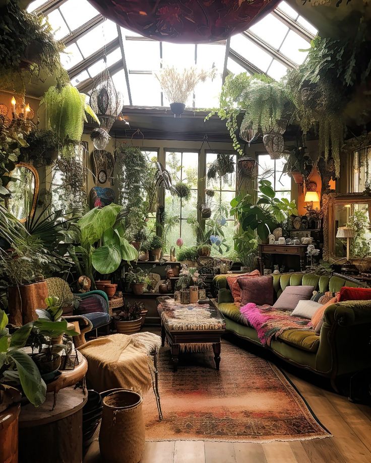 a living room filled with lots of plants and furniture