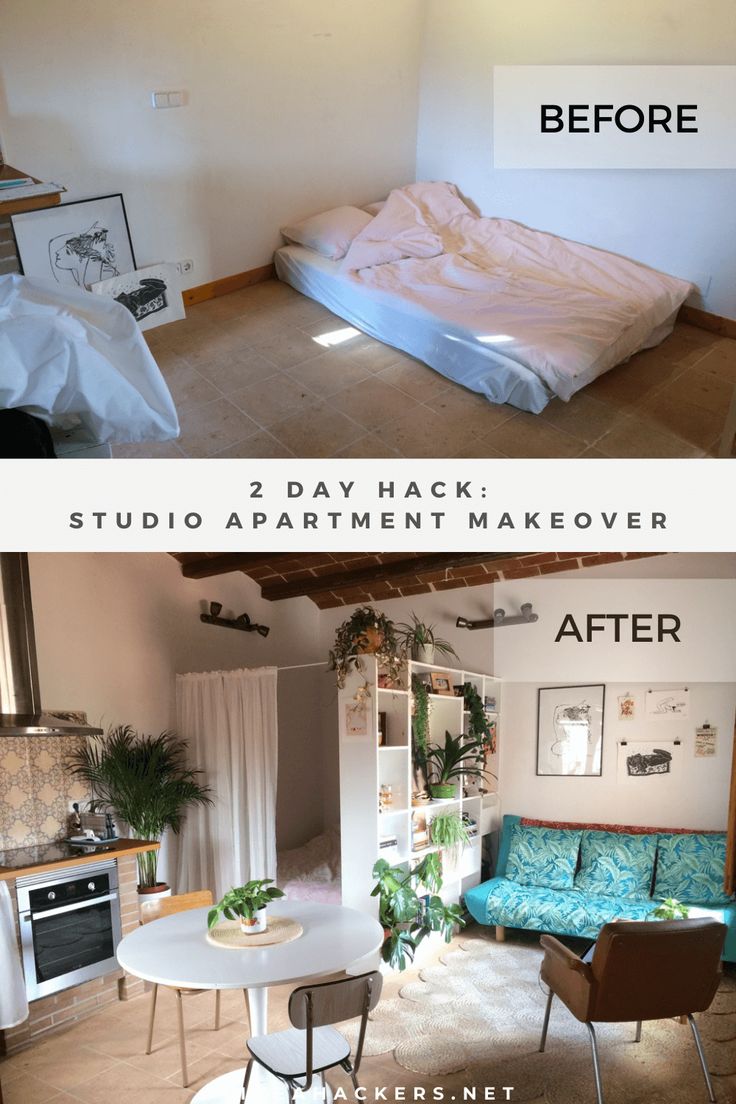 before and after photos of a studio apartment