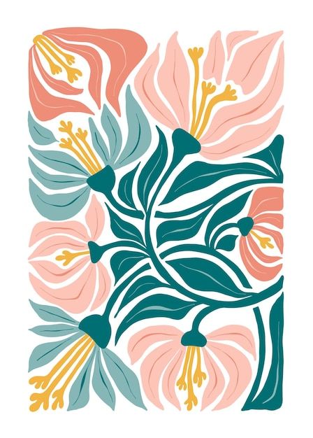 an abstract floral design in pink, blue and green on a white background with leaves