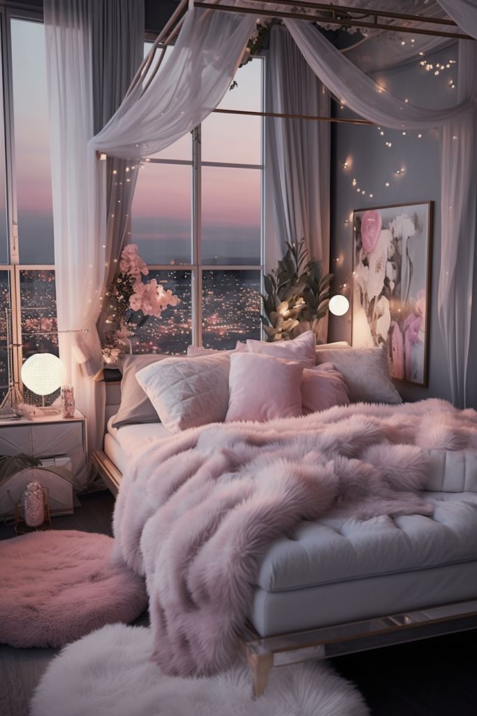 a bed with pink fur on it in a bedroom next to large windows and lights