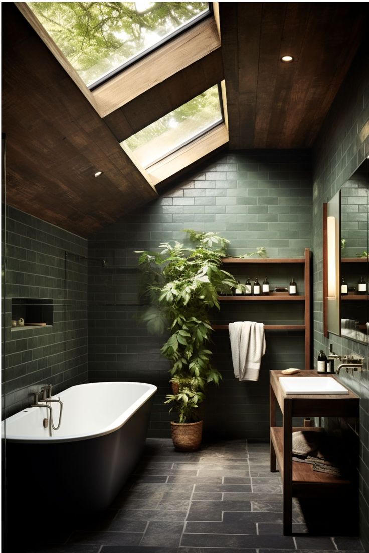 a bath room with a tub a sink and a plant on the counter in it