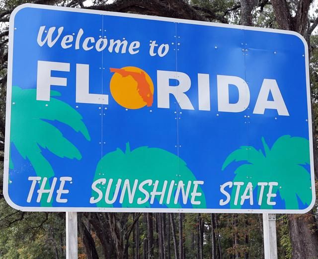 a welcome to florida sign with palm trees in the background