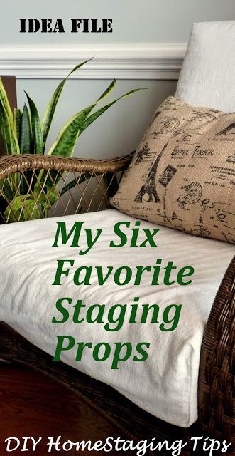 a wicker chair sitting next to a potted plant with the words, my six favorite staging props