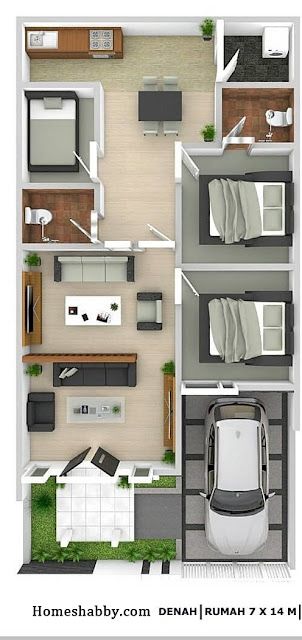 the floor plan for a two bedroom, one bathroom apartment with an attached garage and living room