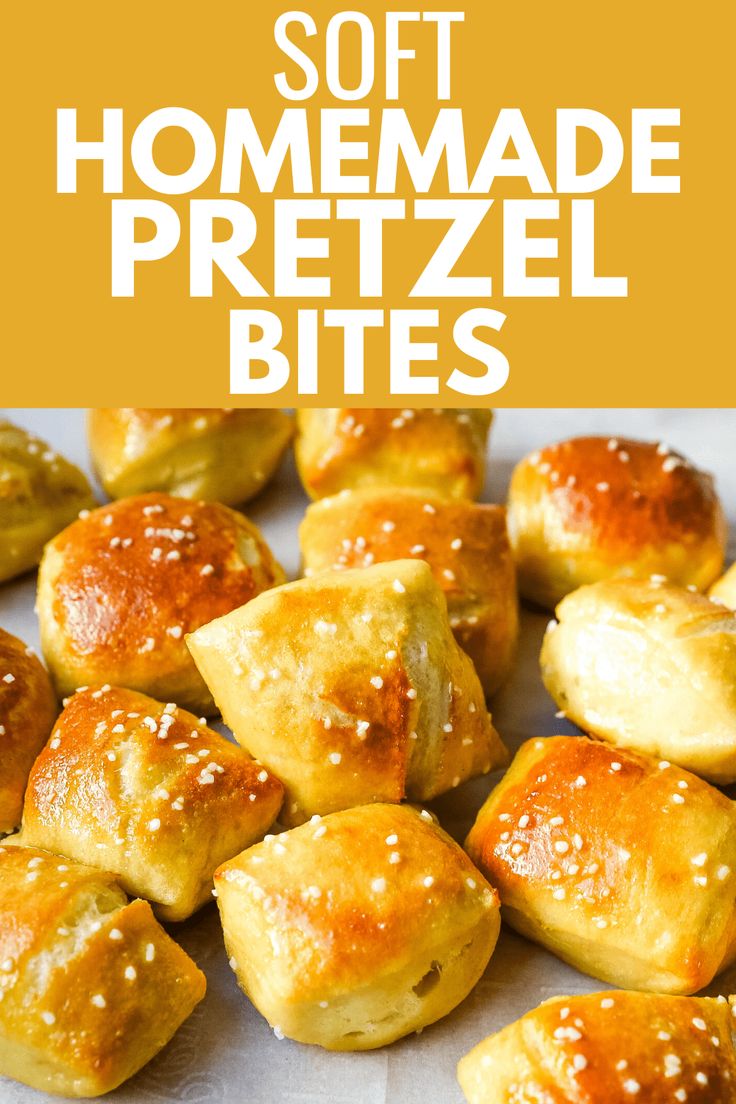 homemade pretzel bites with sesame seeds on top and the words soft homemade pretzel bites above them
