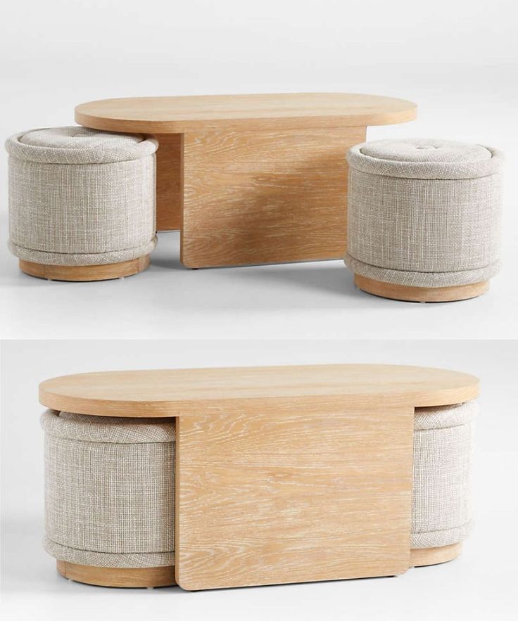 two different views of the same table and chair, one with an ottoman on it