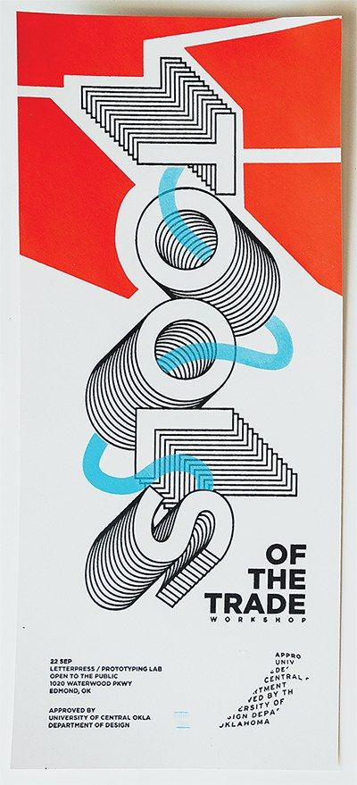 a poster with an abstract design in blue, red and orange on the bottom corner