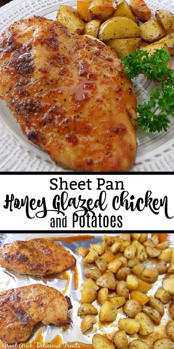 there is a plate with chicken and potatoes on it, along with the words sheet pan honey glazed chicken and potatoes