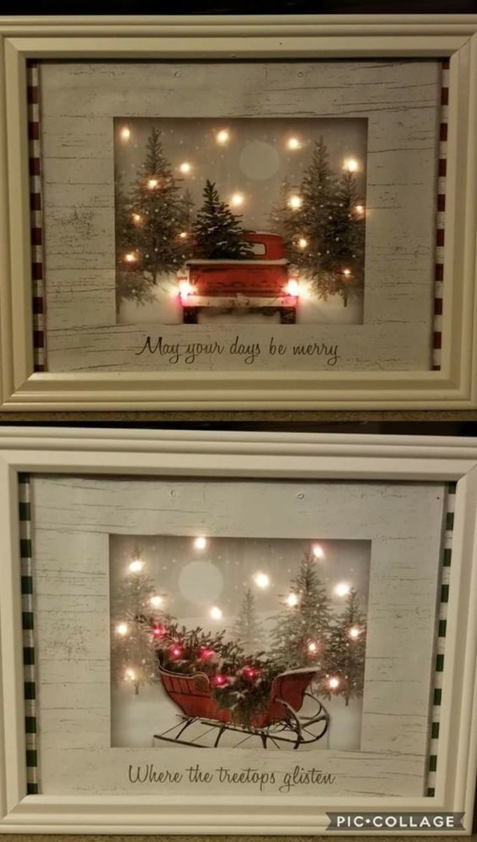 two framed pictures with christmas lights and a sleigh in the middle, one is decorated