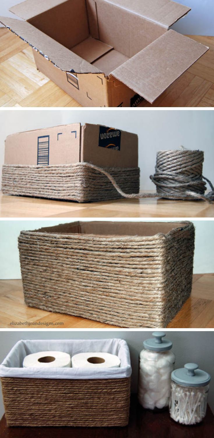 three pictures showing different ways to make a basket out of cardboard boxes and toilet paper rolls