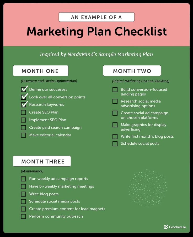 an example of a marketing plan checklist is shown in green and pink with the words,
