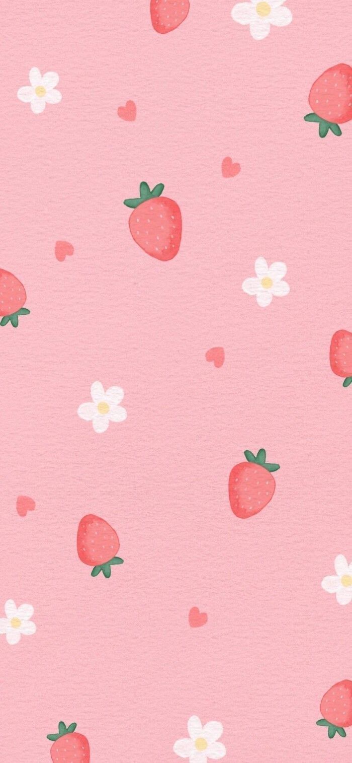 a pink background with hearts and strawberries on it
