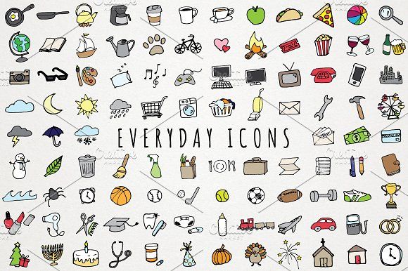 the words everyday icons are drawn in different colors and sizes, including black ink on white paper