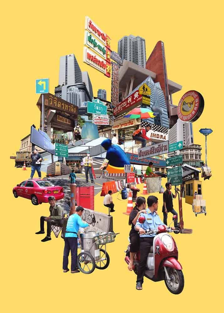 a collage of people on scooters in front of a cityscape