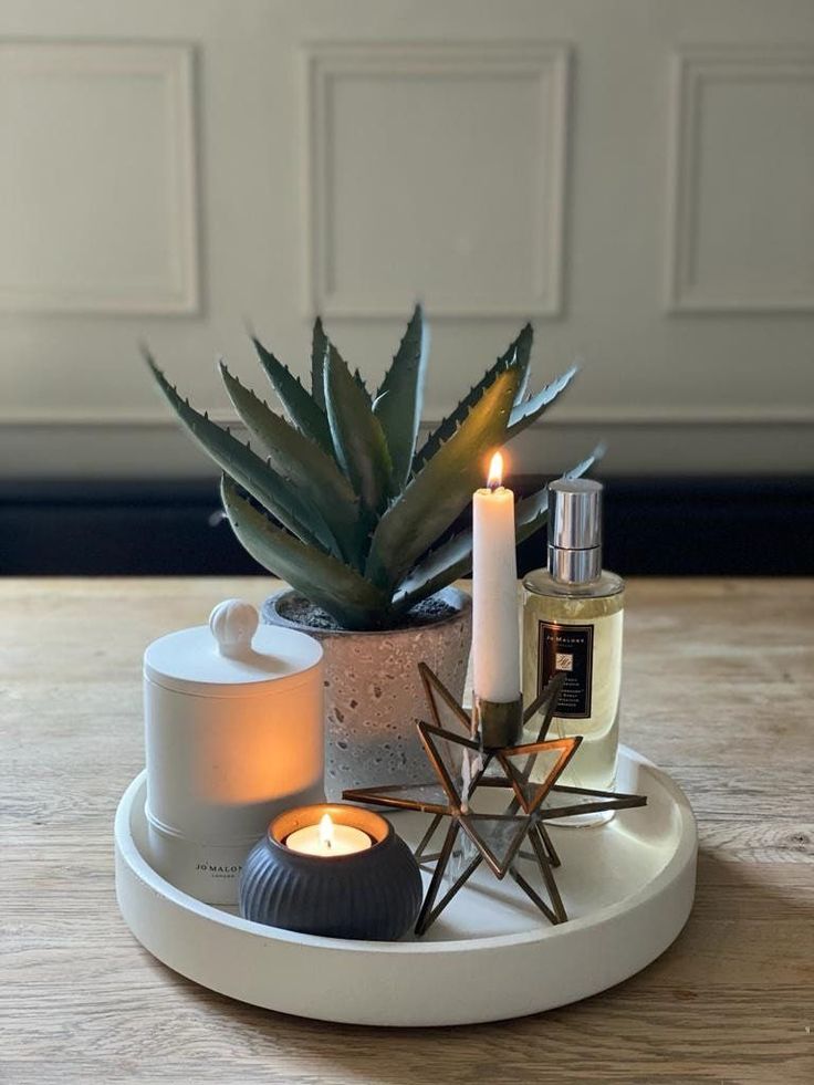 a candle, potted plant and other items sit on a tray next to each other