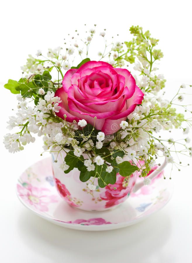 a pink rose sits in a teacup filled with white and pink flowers on a saucer
