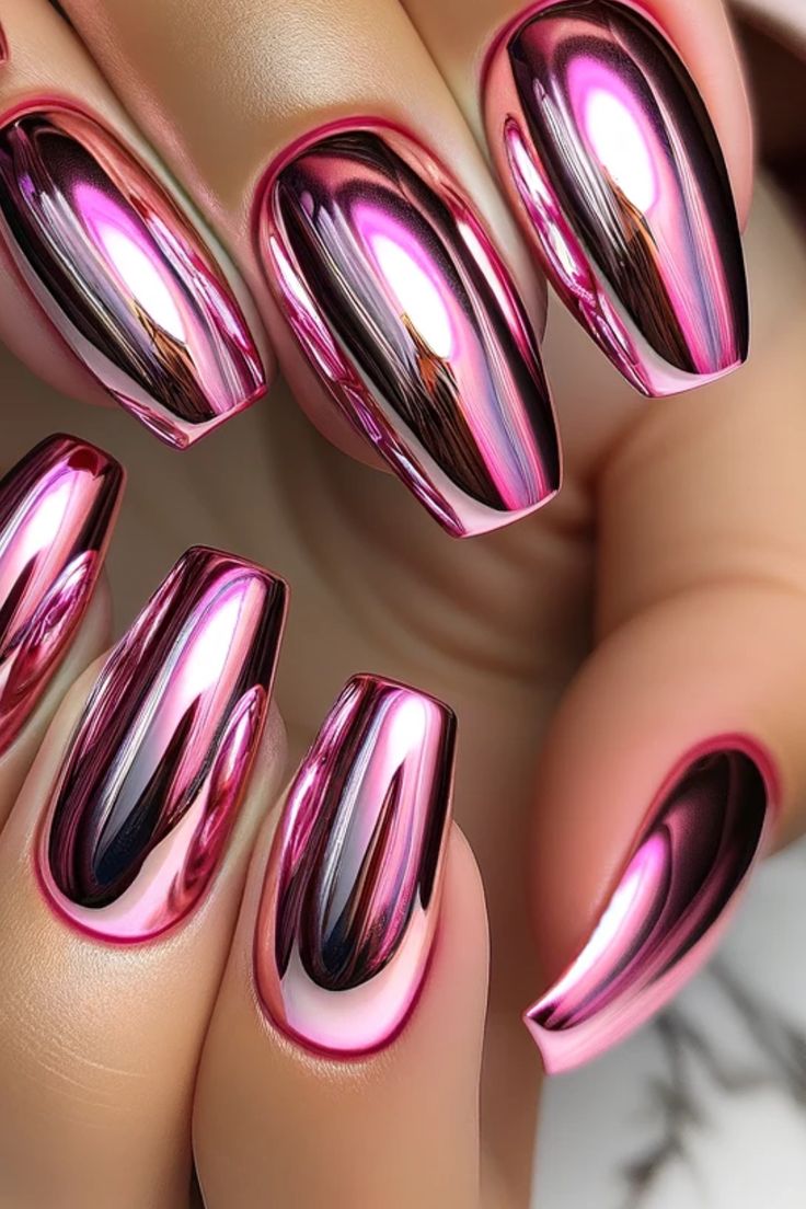 43 Chrome Nails To Indulge In The Shimmer Bling Nails, Chrome Nail Colors, Chrome Mirror Nails, Red Chrome Nails, Ombre Nail Colors, Classic Nail Designs, Metallic Nails Design, Matte Pink Nails, Pink Chrome Nails