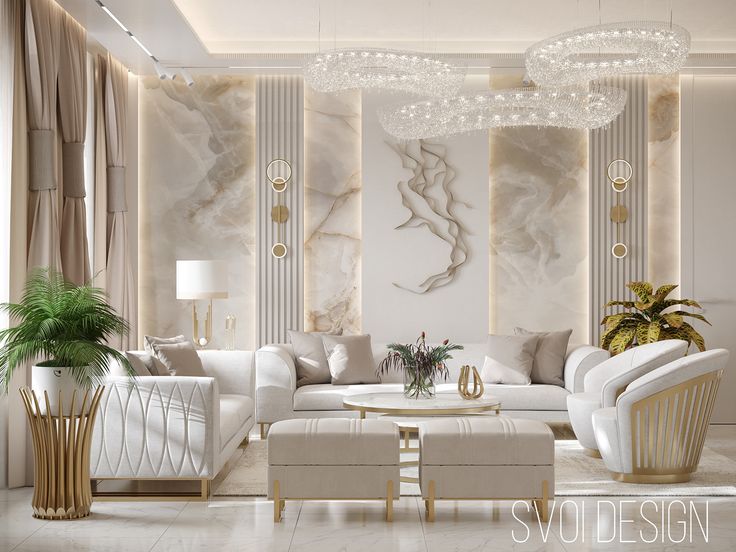 an elegant living room with white furniture and gold accents on the walls, along with a chandelier