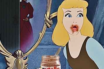 a cartoon character with a jar of peanut butter in front of her face and an image of a woman looking into the mirror