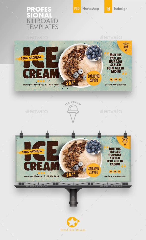 two billboards for ice cream with blueberries and cereal on them - signage print templates